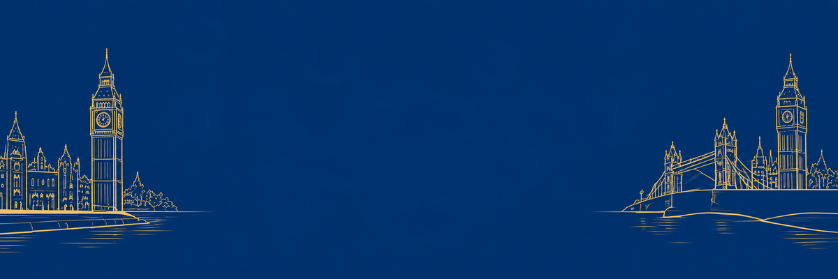 A dark blue banner or background featuring gold line art illustrations of London landmarks, including Big Ben on the left and Tower Bridge with Big Ben on the right.