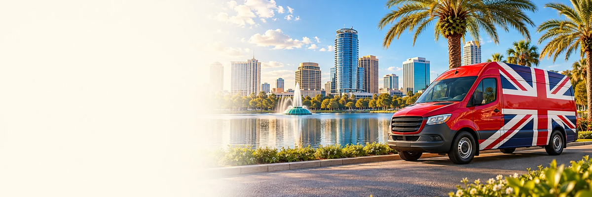Orlando skyline and a Union Jack delivery van