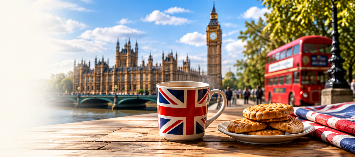 A ceramic mug decorated with the Union Jack flag sits on a wooden table in London, with a plate of cookies beside it. The background shows Big Ben, the Houses of Parliament, a red double-decker bus, and a blurred street scene.